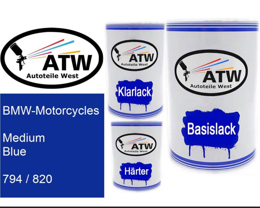 BMW-Motorcycles, Medium Blue, 794 / 820: 500ml Lackdose + 500ml Klarlack + 250ml Härter - Set, von ATW Autoteile West.